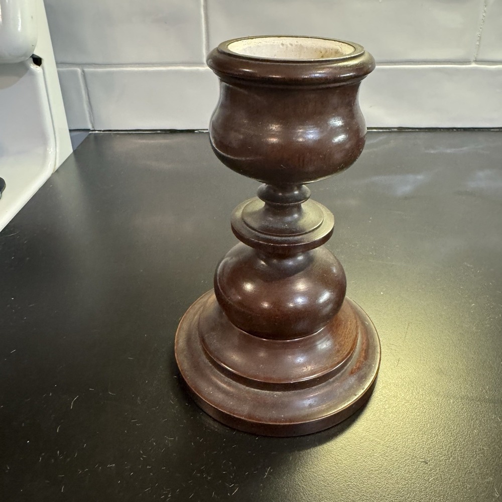 Vintage Pillar Candle Holder Turned Walnut Wood Hand‎ Turned